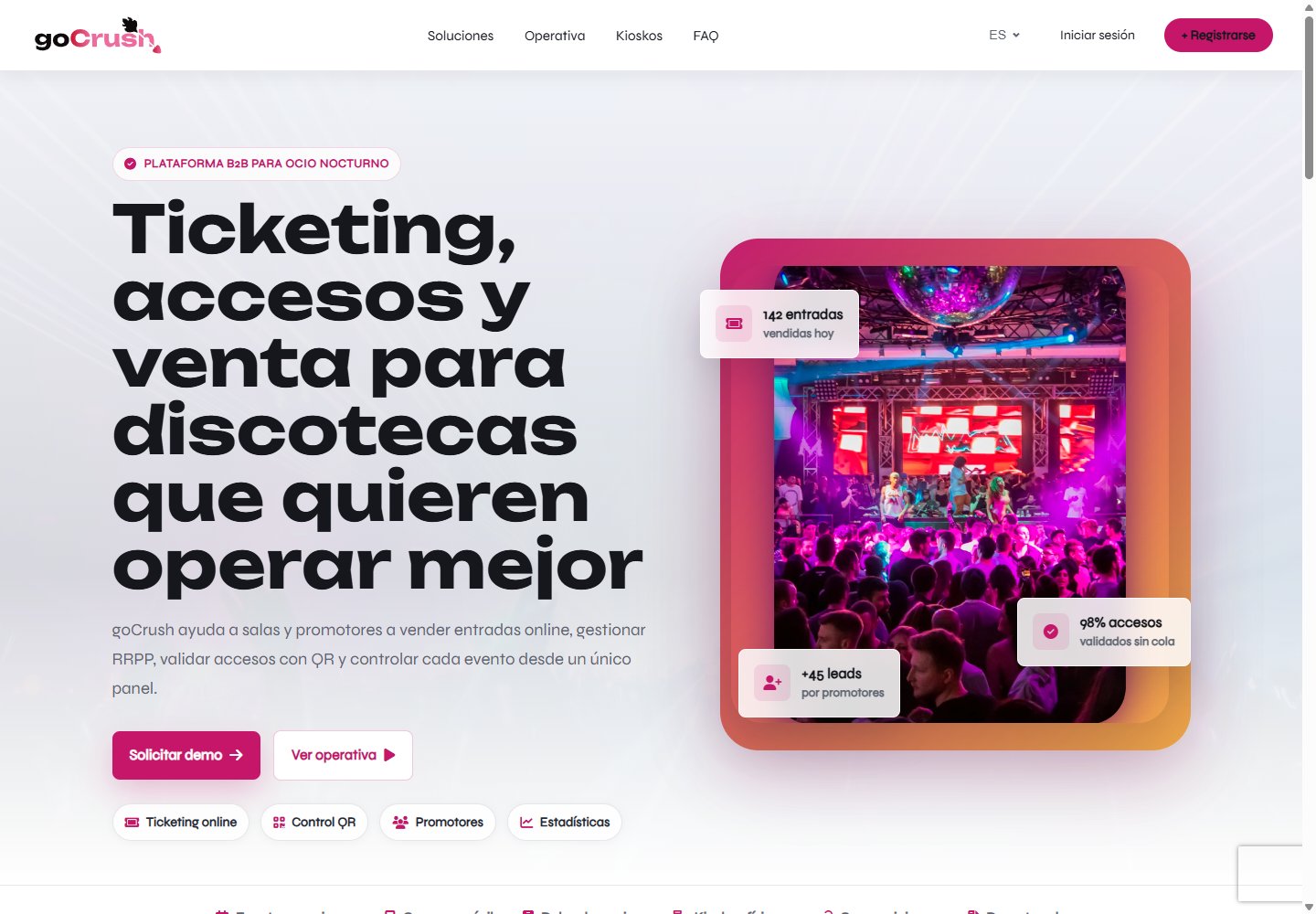 Captura de la web pública de GoCrush.club, plataforma de ticketing para discotecas